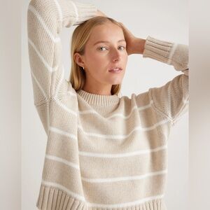 Quince size small 100% Organic Cotton Striped Crew Sweater beige and ivory